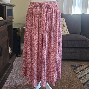 Alice Blue Dusty Rose Floral Pleated Maxi Skirt with Self Tie